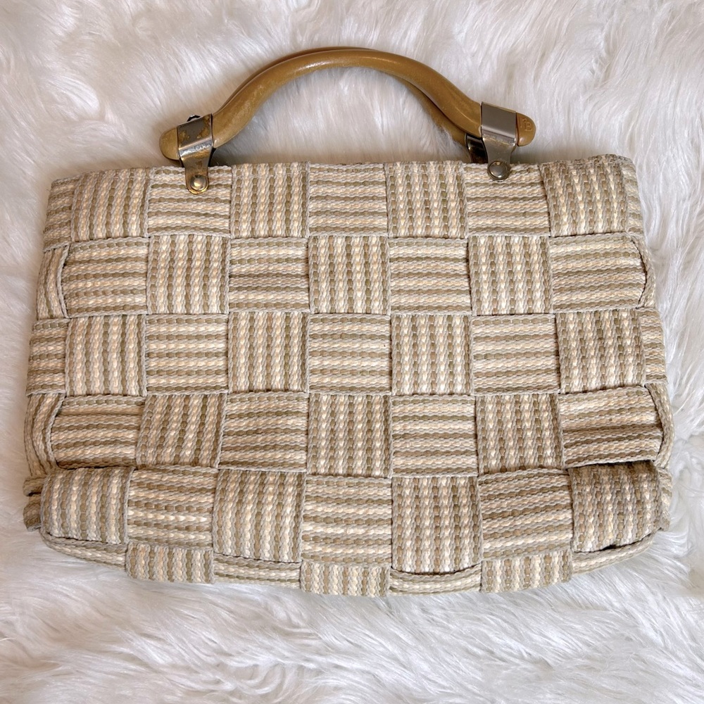 Vintage Woven Beige Brown Handbag Faux Wood Handles Zipper Closure 15” by 10”